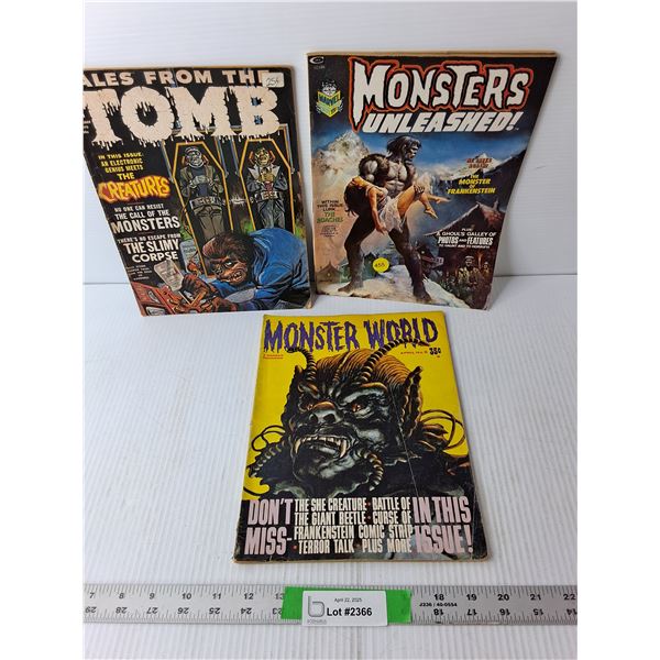 (3) Vintage Magazines/ Comics- Monsters Unleashed, Monster World, Tales from the Tomb
