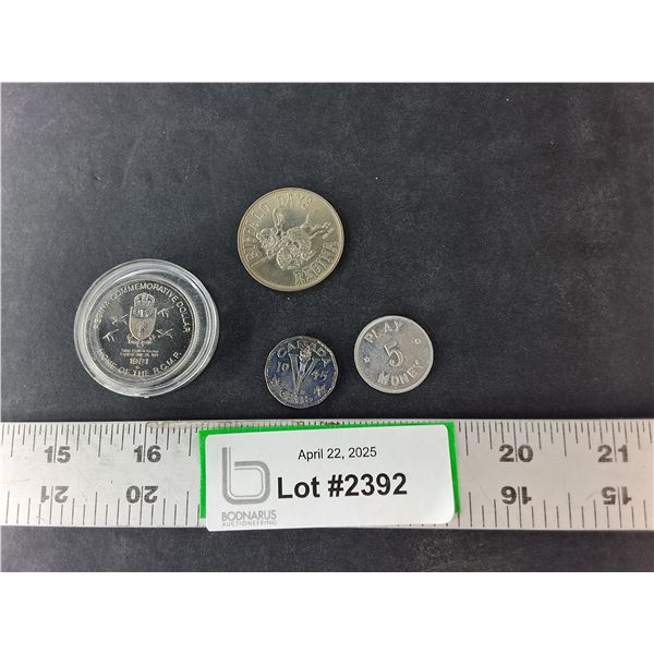 (2) Regina RCMP Centennial Coins, Victory Nickel-1945, Token