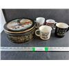 Image 1 : Currier & Ives Tin Box and (4) Ceramic Mugs