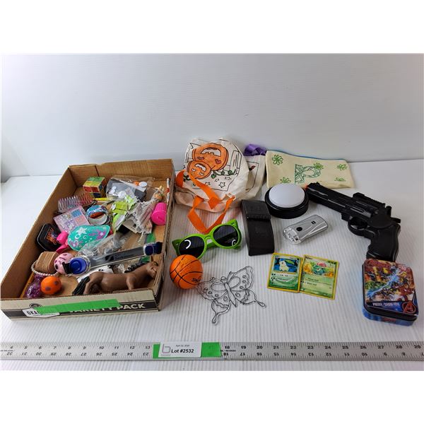 Kids' Toy Lot- Plastic Gun, Sunglasses, Card Tin, Misc.