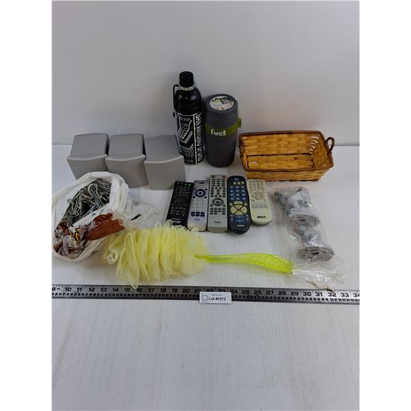 Set of 3 Sony Bookshelf Speakers - Untested, Various Remotes, Hooks, Mounts, Misc.