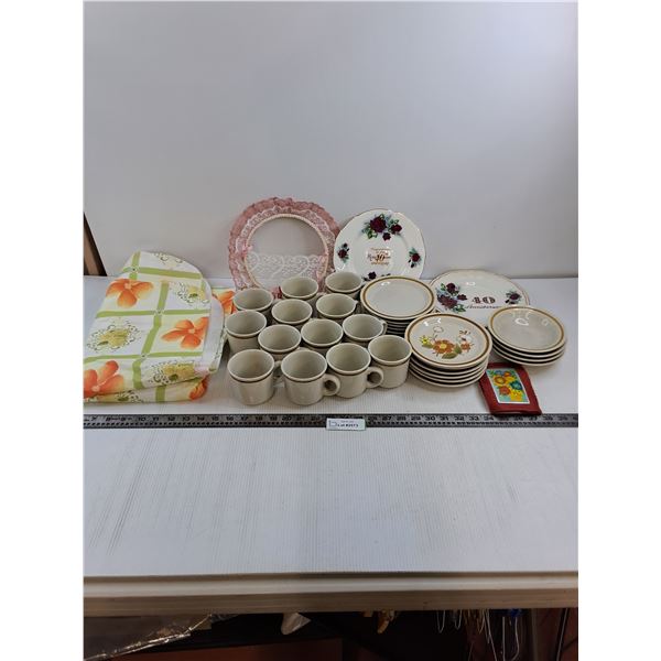 Set of Stoneware Dishes, 40th Anniversary Plates, Outdoor Table Cloth, Misc.