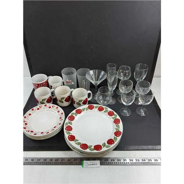Set of Newcor Stoneware "Apple" Dishes, Assorted Cocktail Glassware, Mugs