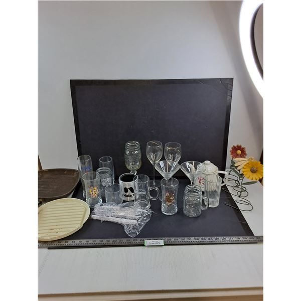 Assorted Glassware, Teapot, T-Fal Skillet, Misc.