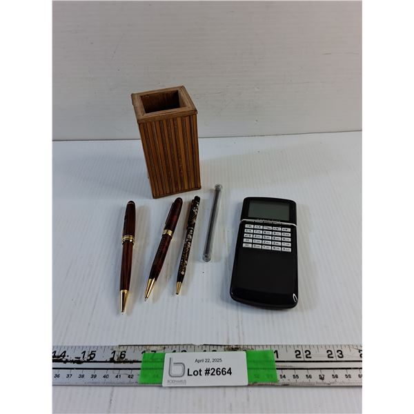 Assorted Pens, Pen Holder and Calculator