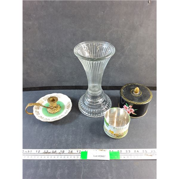 Large Glass Vase, Candlestick Plate and (2) Tin Boxes