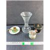Image 1 : Large Glass Vase, Candlestick Plate and (2) Tin Boxes