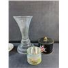 Image 2 : Large Glass Vase, Candlestick Plate and (2) Tin Boxes