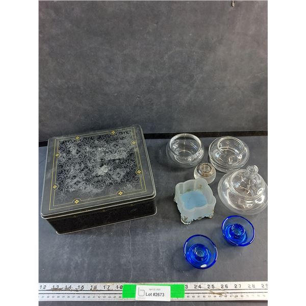 Tin Box, Glass Bowls, Candle Holders and Inkwell