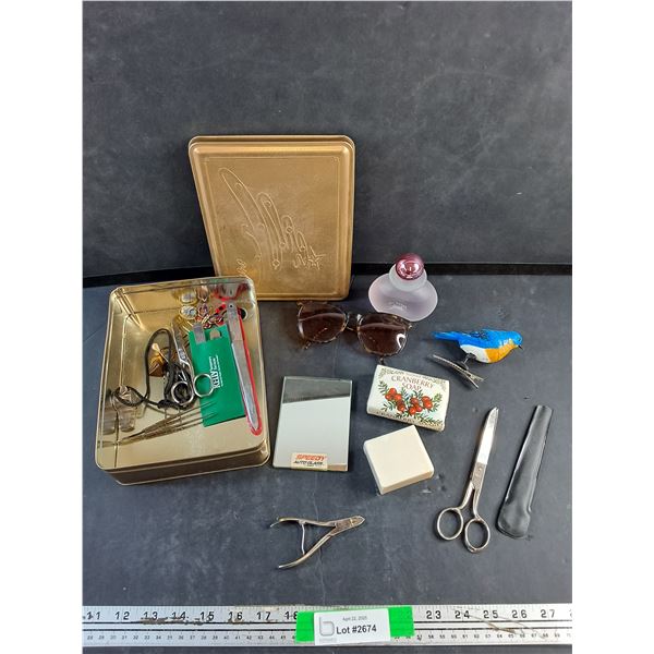 Tin Box, Nail Files, Scissors, Soap, Perfume and Misc