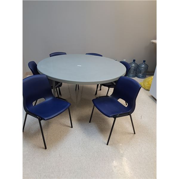 Lunch Room Round Table w/(6) Blue Plastic Chairs - 60" Diameter x 29" Tall - Legs on Table are Folda
