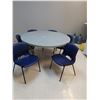 Image 1 : Lunch Room Round Table w/(6) Blue Plastic Chairs - 60" Diameter x 29" Tall - Legs on Table are Folda