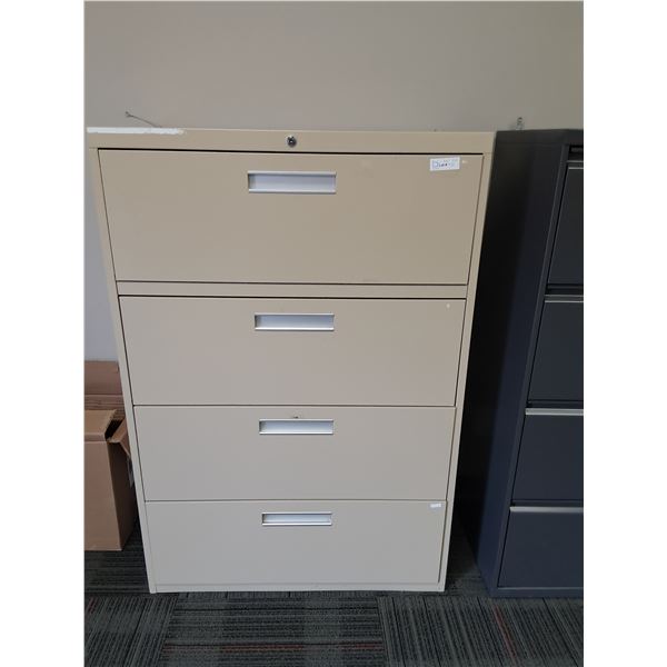 Beige Metal Four Drawer Locking Filing Cabinet - 36" x 19" x 53" Tall - NO Keys - OFFSITE MUST PICK 