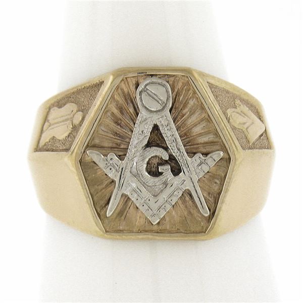 Men's Vintage Solid 10K Yellow & White Gold Detailed Masonic Wide Band Ring