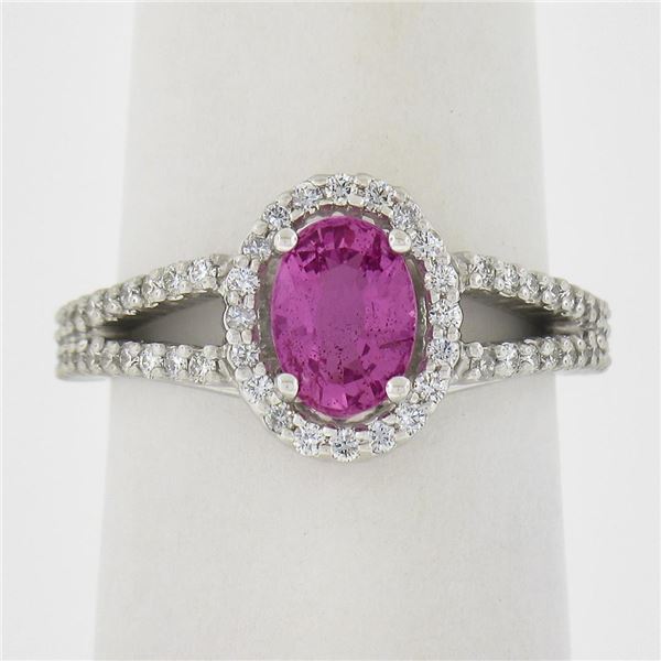 18k White Gold 1.71 ctw Oval Prong Pink Sapphire & Round Diamond Engagement Ring