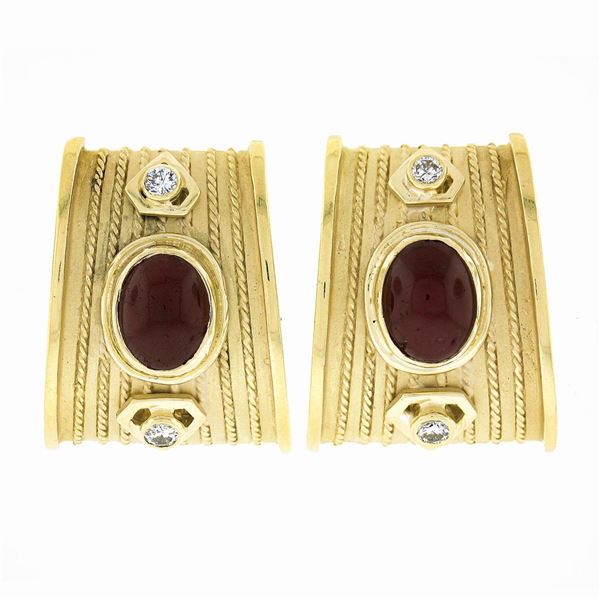 18k Gold Oval Cabochon Ruby & Diamond Twisted Wire Dual Finish Clip On Earrings