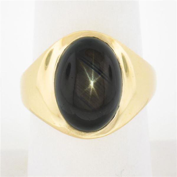 Men's 14K Yellow Gold Oval Cabochon Bezel Set Brown Star Sapphire Solitaire Ring