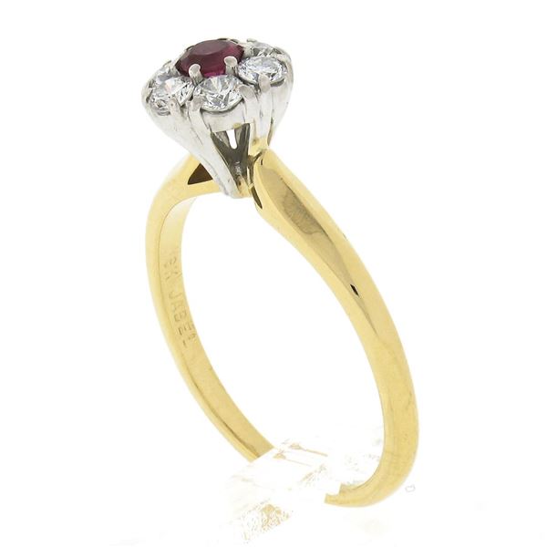 Vintage Jabel 18k Gold 0.40 ctw Round Brilliant Red Ruby w/ Diamond Halo Ring