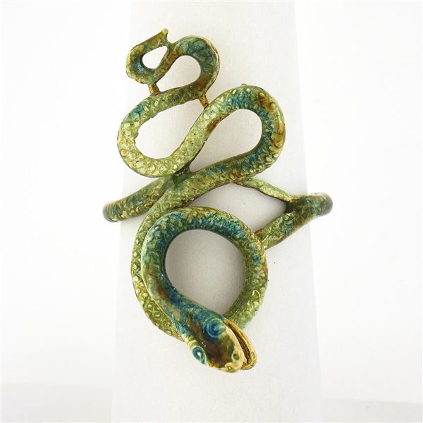 Vintage 18k Yellow Gold Colorful Green & Blue Enamel w/ Detailed Work Snake Ring