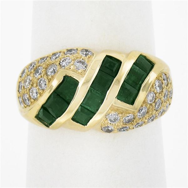 18k Gold 1.65 ctw Square Step Cut Emerald w/ Diamond Domed Statement Band Ring