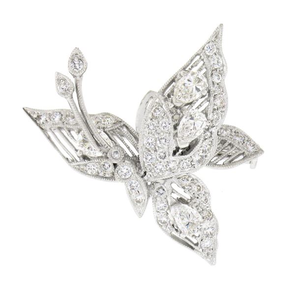 18K White Gold 1.6 ctw Diamond En Tremblant Detailed Mil grain Butterfly Brooch