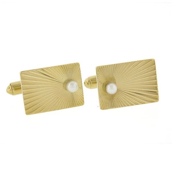 Vintage 14K Gold Rectangular Sunburst Fluted Finish Cuff Links w/ Bead Pearl