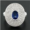 Image 2 : Platinum Oval Bezel Sapphire Pave Diamond Covered Milgrain Platter Cocktail Ring