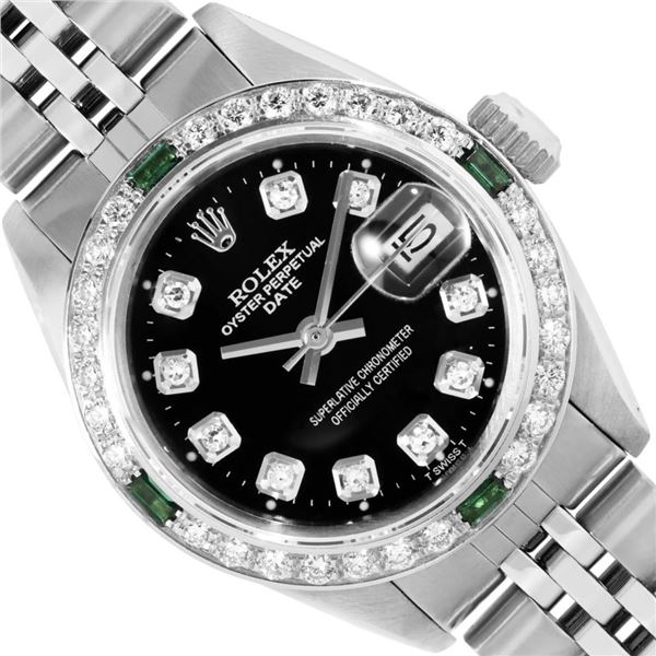 Rolex Ladies Stainless Steel Black Diamond And Emerald Date Wristwatch 26MM