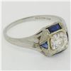 Image 8 : Antique Art Deco 18k White Gold 0.65 ctw European Diamond and Sapphire Ring