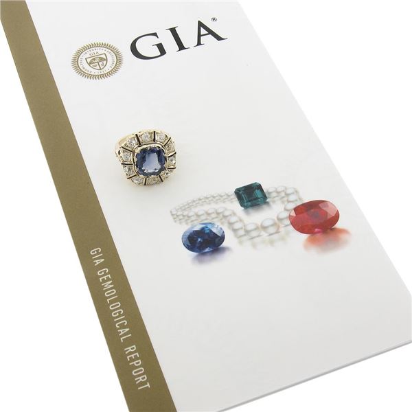 Vintage 14K Gold GIA Ceylon No Heat Cushion Sapphire & Diamond Halo Platter Ring