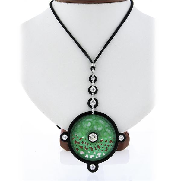 Vintage Georg Hornemann Carved Jadeite Jade Black Onyx Diamond Pendant Necklace