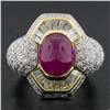 Image 3 : 18K Yellow Gold & Platinum GIA Oval Cabochon Ruby w/ Diamond Halo Cocktail Ring