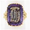 Image 1 : Vintage 18k Gold Repousse Amethyst & Diamond Old English Letter Cocktail Ring