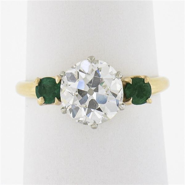 Antique 18k Gold & Platinum 2.02 ctw GIA European Diamond w/ Emerald 3 Stone Rin