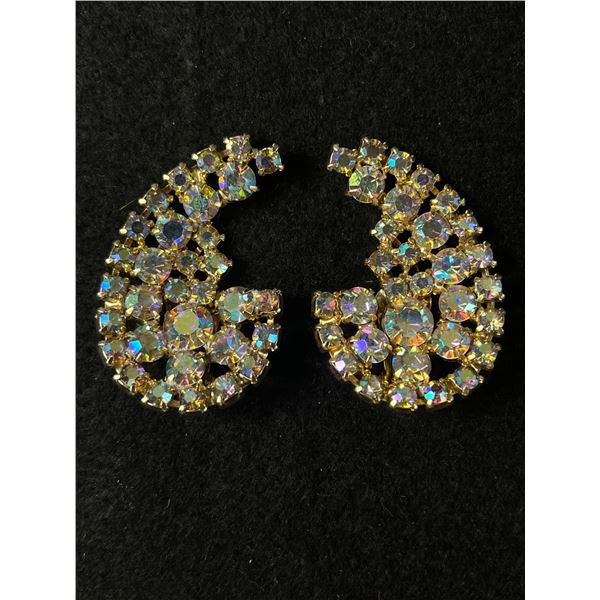 Great Pair Of 1940's Aurora Borealus Crescent Rhinestone Earrings, Over 2" L