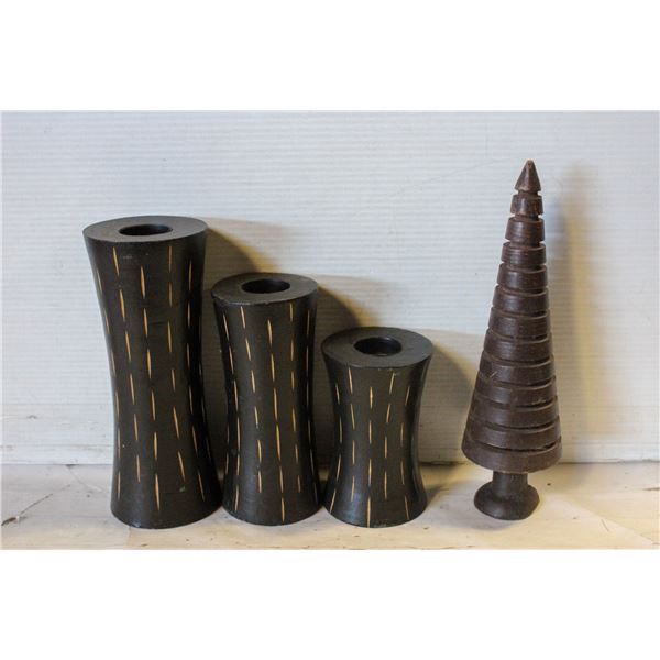 3 WOODEN DESIGNED CANDLE HOLDERS & SOLID WOOD TREE