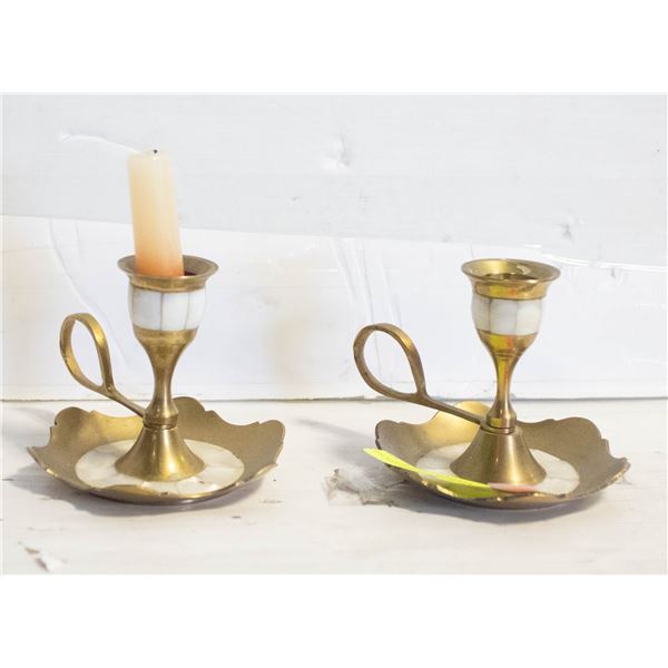 BRASS MOTHER OF PEARL CANDLE HOLDER