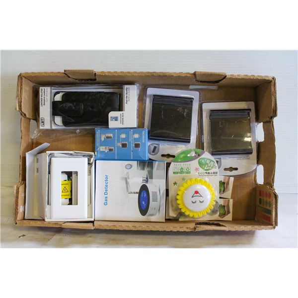 BOX WITH MISC NEW ELECTRONICS & ACCESS.