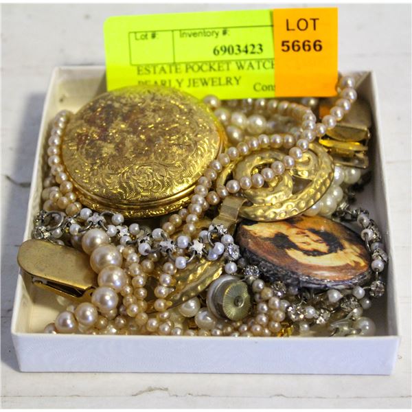 ESTATE POCKET WATCH, CAMEO & PEARLY JEWELRY