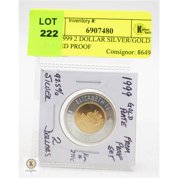 CDN 1999 2 DOLLAR SILVER/GOLD PLATED PROOF