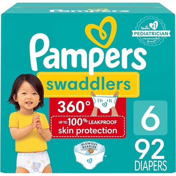 NEW 92 DIAPERS PAMPERS SZ 6 SWADDLERS 360 PROTECT