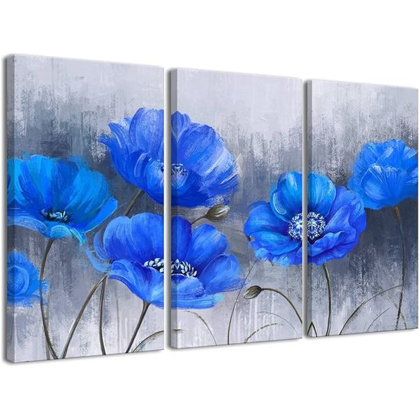 NEW 3 PIECE BLUE FLOWER WALL ART MODERN