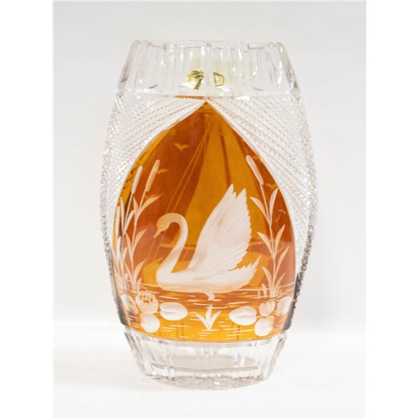 VINTAGE JULIA POLAND AMBER VASE OVAL HAND CUT LEAD