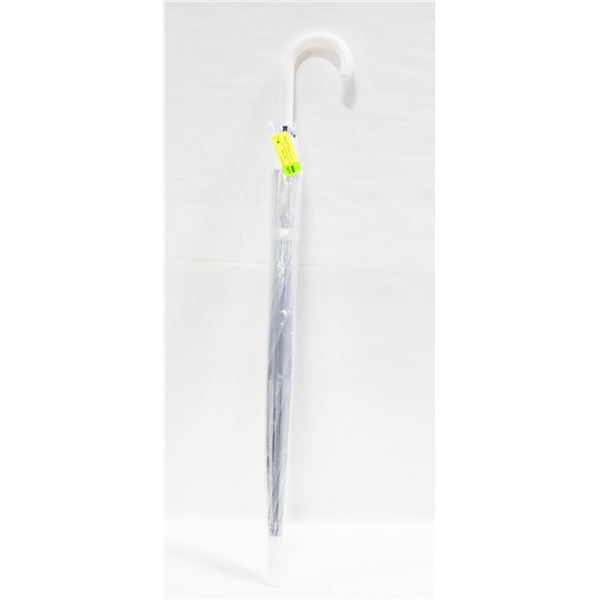 BRAND NEW CLEAR PLASTIC UMBRELLA WITH WHITE HANDLE