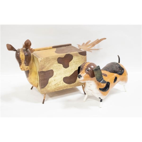 CERAMIC DOG 8" 5" AND WOODEN HORSE 7.5" X 11"