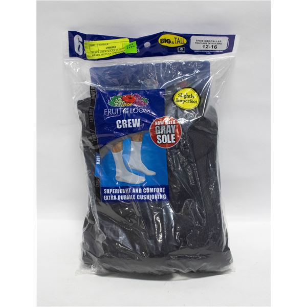BLACK CREW SOCKS 12-16 SIZE 6-PACK FRUIT OF THE