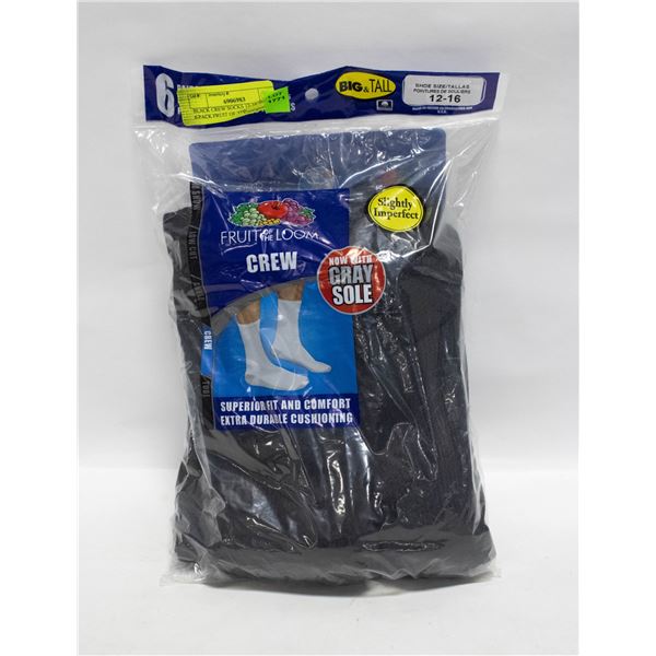 BLACK CREW SOCKS 12-16 SIZE 6-PACK FRUIT OF THE