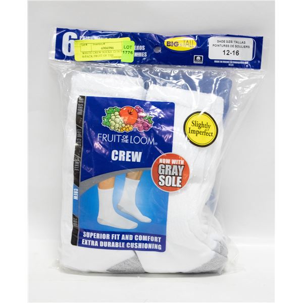 WHITE CREW SOCKS 12-16 SIZE 6-PACK FRUIT OF THE