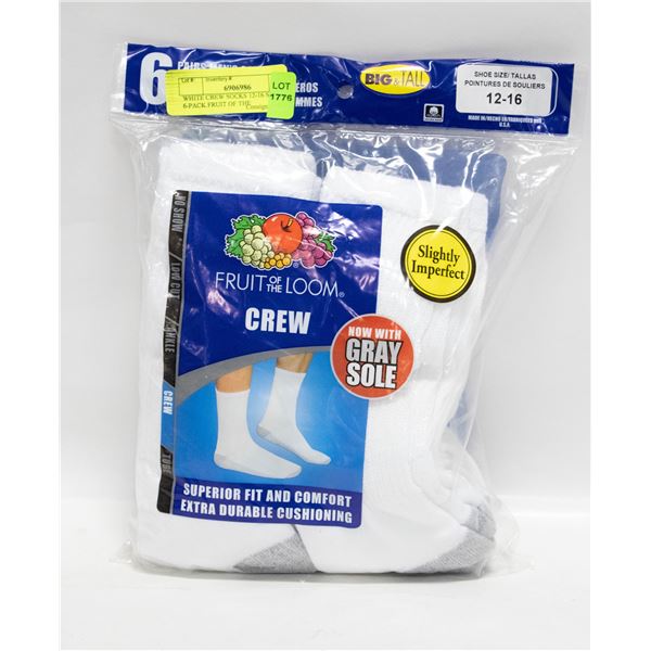 WHITE CREW SOCKS 12-16 SIZE 6-PACK FRUIT OF THE
