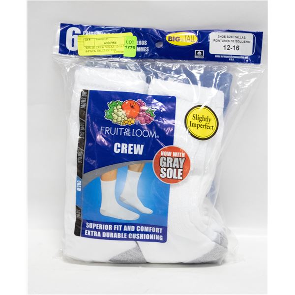 WHITE CREW SOCKS 12-16 SIZE 6-PACK FRUIT OF THE